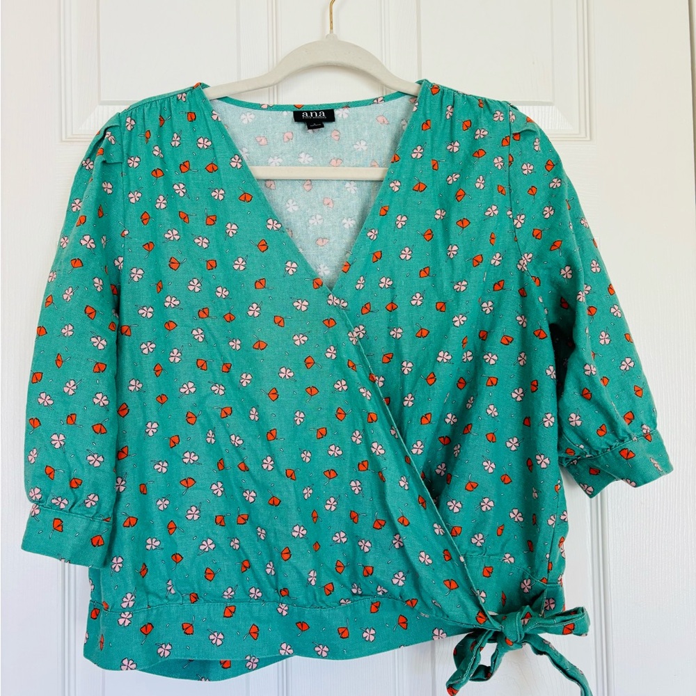 a.n.a a new approach green linen blend wrap blouse